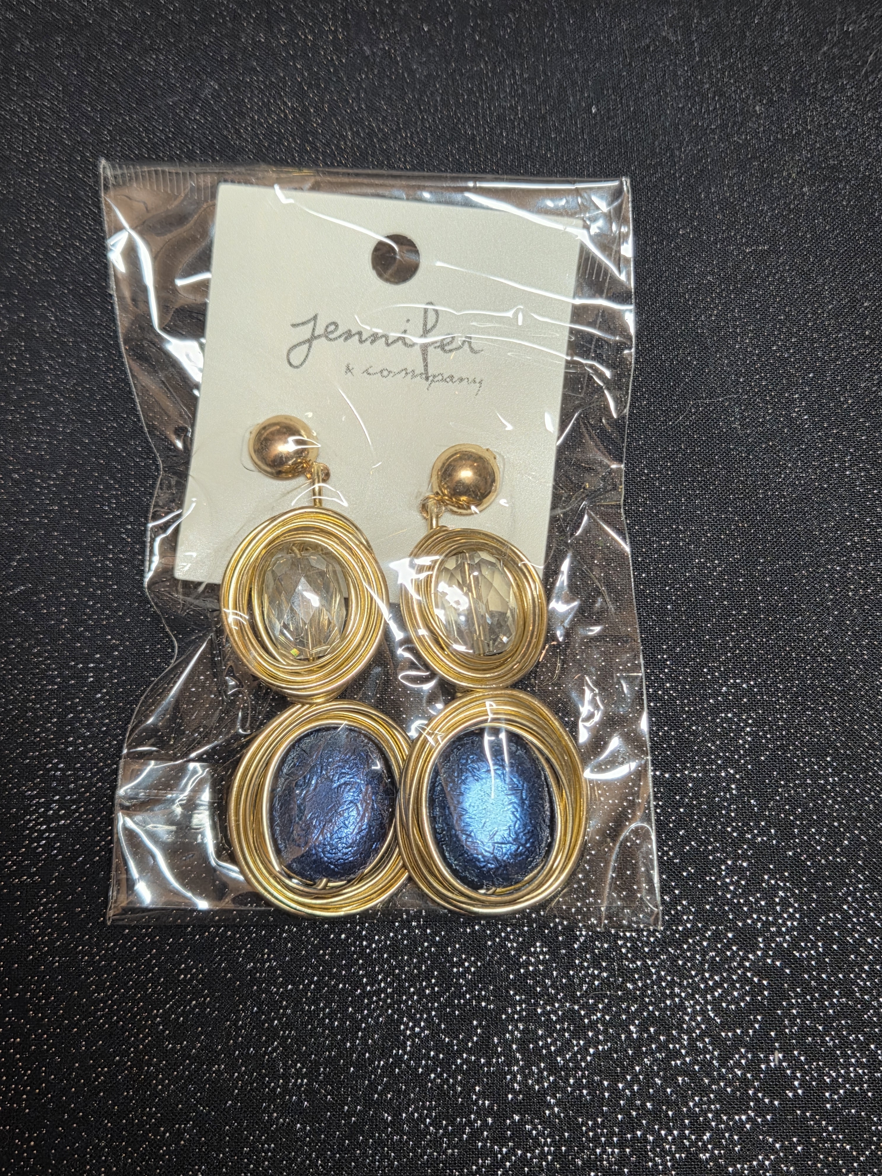 Jennifer & Company Gold Drop Earrings With Blue And Clear Stones